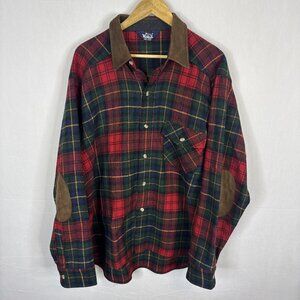 Woolrich Heavy Wool Plaid Shirt Jacket XL Suede Collar Elbow Patches Made In USA